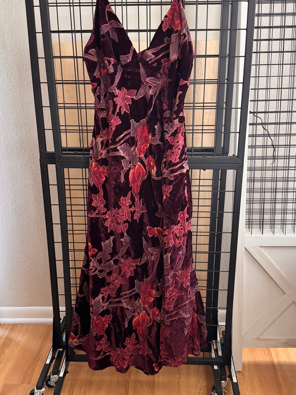 Lulu's Burgundy and Pink Floral Velvet Maxi Dress
